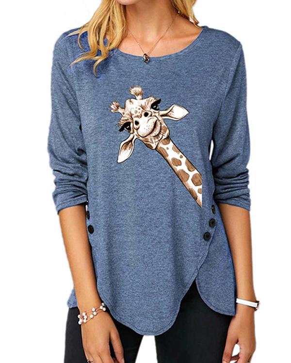 Plus Size Long Sleeve Casual Giraffe Print Round Neck Tunic Top Blouse T-Shirt
