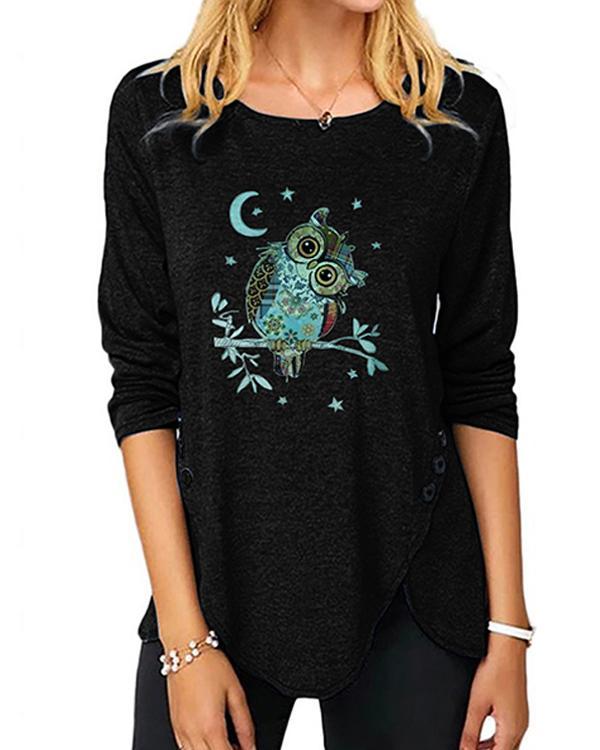 Plus Size Long Sleeve Casual Owl Print Round Neck Tunic Top Blouse T-Shirt