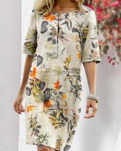 Vintage Linen Cotton Flower Print Dress
