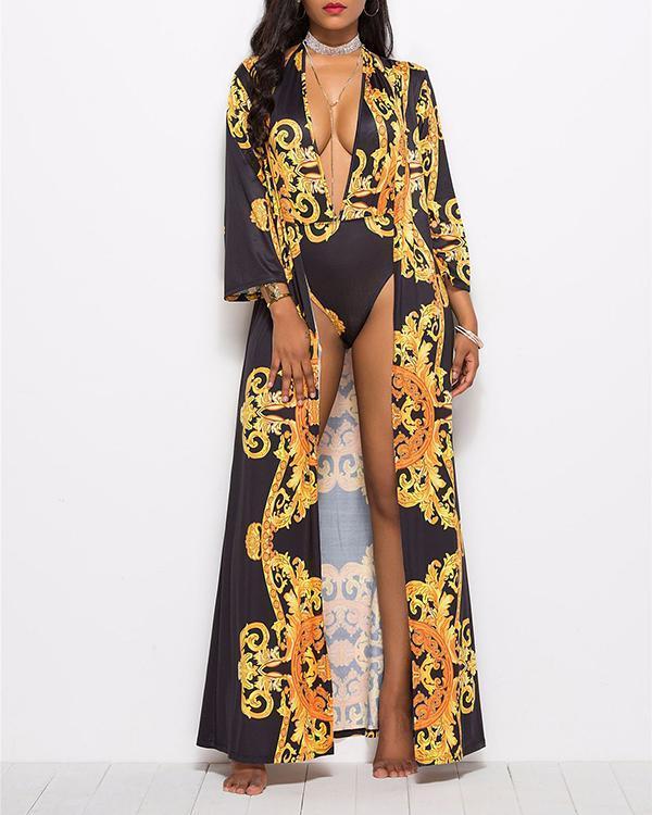 Retro Print Plunge Halter One Piece Swimsuit With Cover Up