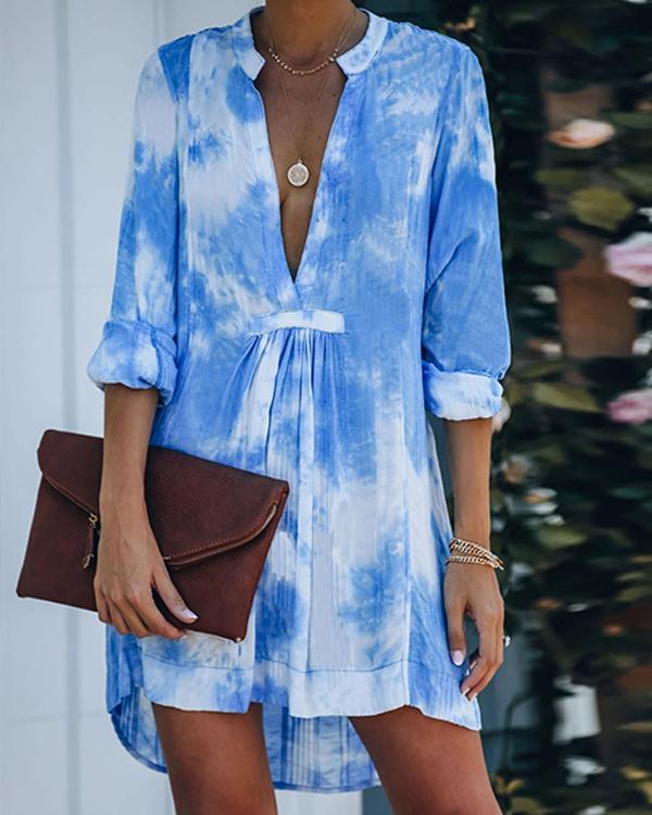 Sky Blue Gradient Print Plunging Neck High Low Elegant Mini Dress