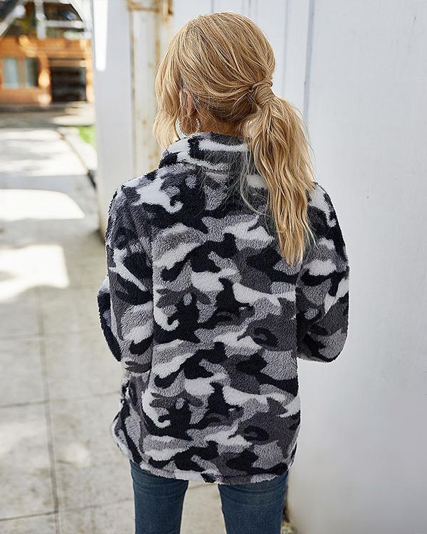 Plaid Camouflage Print Plush Long Sleeve Sweatshrit For Women