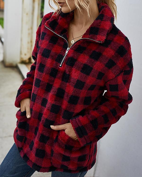 Plaid Camouflage Print Plush Long Sleeve Sweatshrit For Women