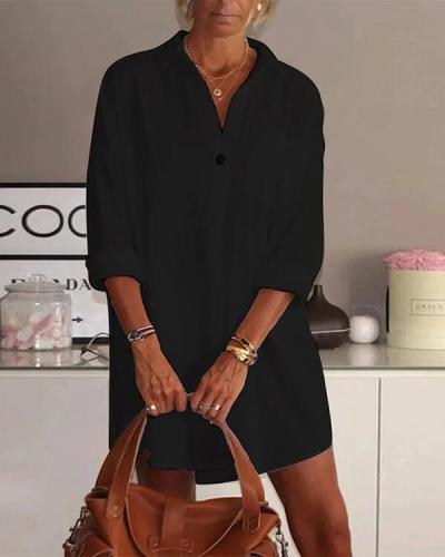Solid Color Turn-down Collar Long Sleeve Dress