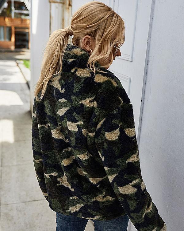 Plaid Camouflage Print Plush Long Sleeve Sweatshrit For Women
