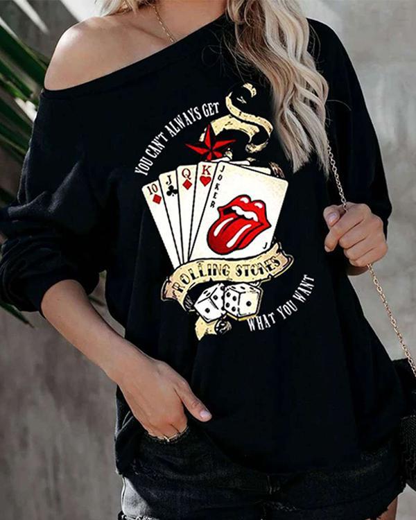 Women Poker Print Casual Daily Long Sleeve Sweatshirts