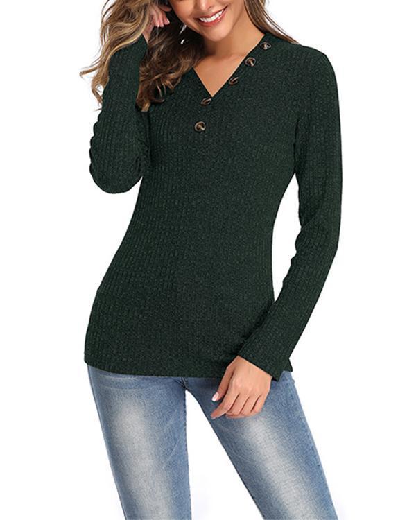 V-Neckline Solid Tight Regular Buttons Shift Sweaters