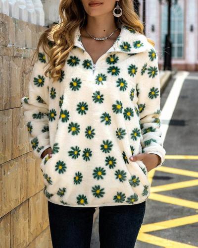 Flower Print Plush Long Sleeve Sweatshirt For Women