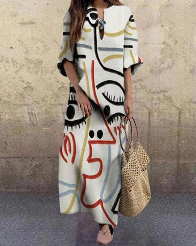 Women Fashion Face Printed Plus Size Vintage Maxi Dress