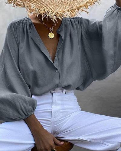 Puff Sleeve Pure Color Casual Loose Shirts Blouses