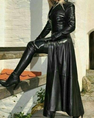 Womens Fashion PU Leather Slim Fit Long Jacket