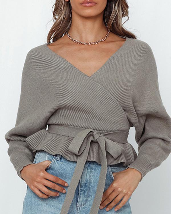 Sexy V-neck Halter Casual Lace-up Crop Knit Sweater