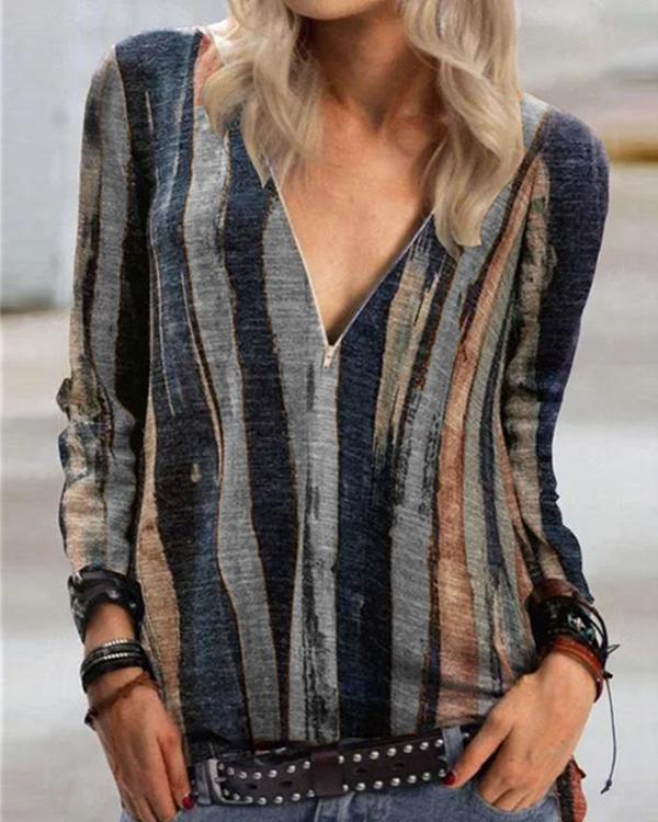 Print Casual V-Neckline Long Sleeve Blouses