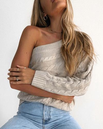 One Shoulder Strapless Cable Knit Solid Color Sweater