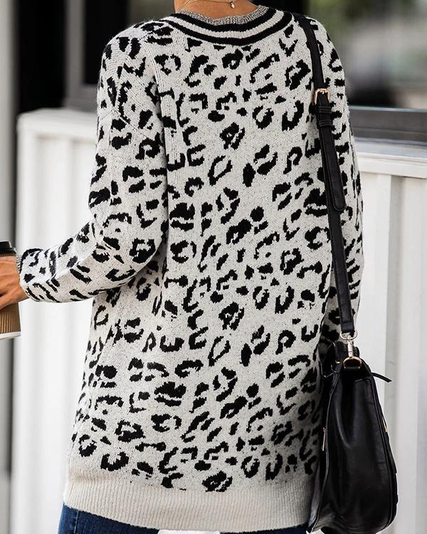 V-Neckline Leopard Knit Casual Long Sweaters