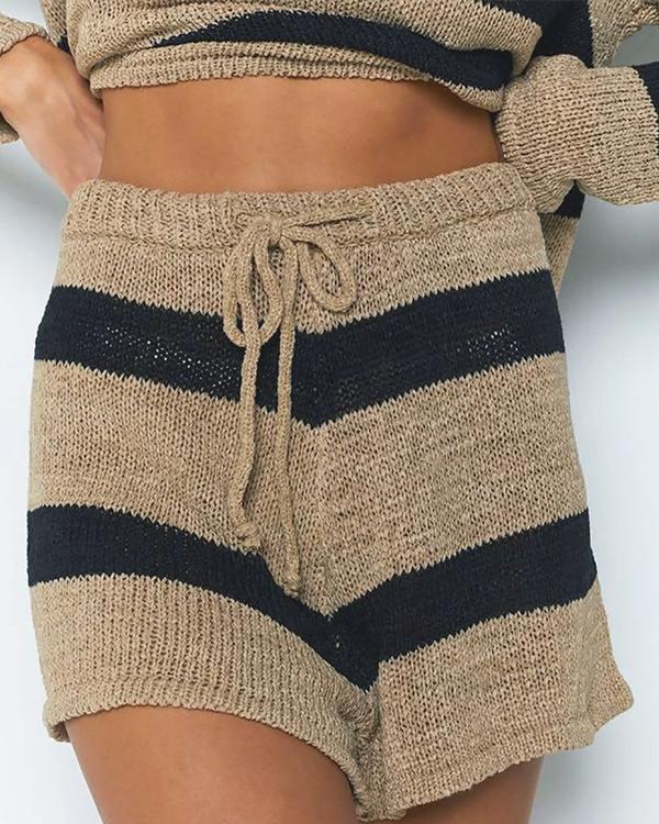 Casual Loose Loungewear Stripe Knit Top&Shorts Set