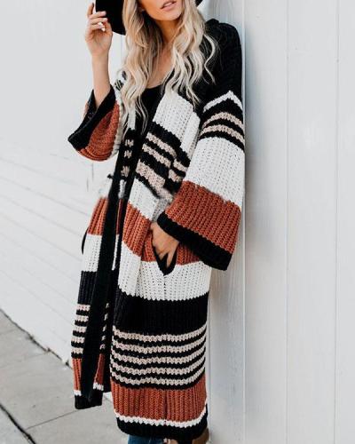 Fashion Loose Stripe Knit Sweater Cardigan Long Coat