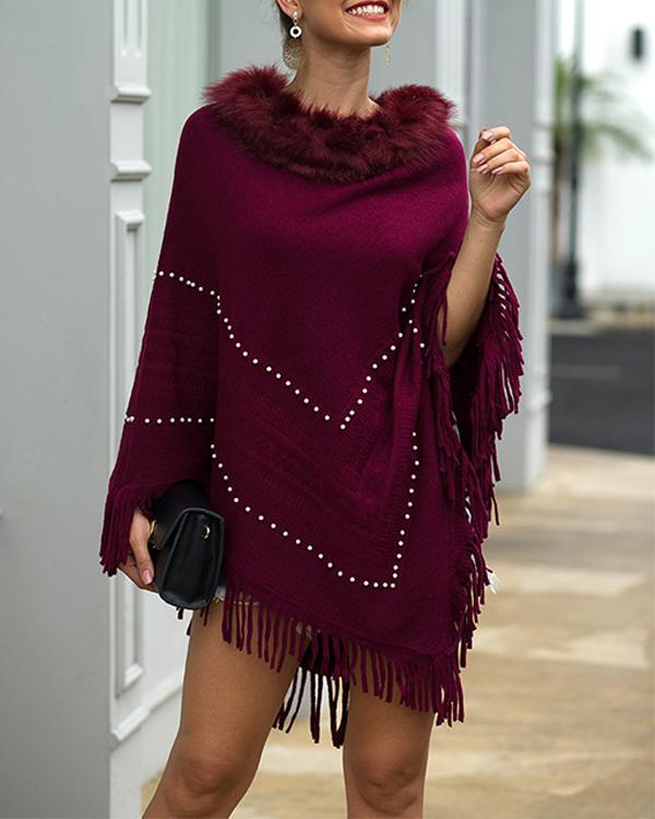 Pullover Patchwork Fur Collar Tassel Cape Women Winter Knitted Loose Cloak Boho Sweaters