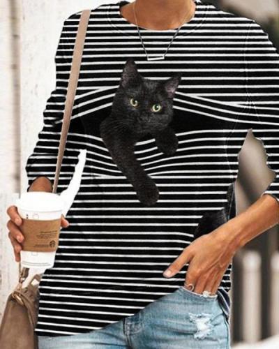 Women Casual Long Sleeve Stripe Cat Printed T-Shirt