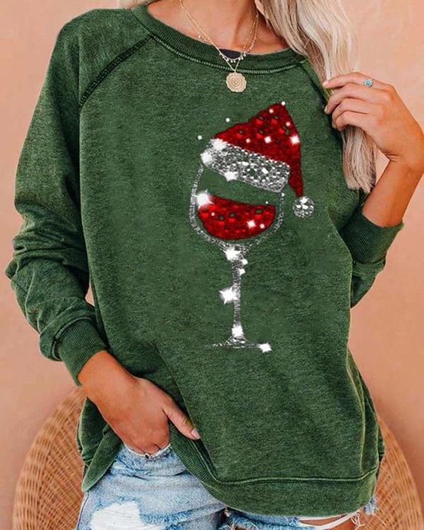 Christmas Red Wine Glass Print Cozy Sweatshirt