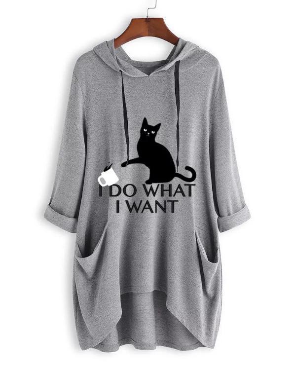 I DO WHAT I WANT Cute Cat Print Irregualr 3/4 Sleeve Plus Size Hoodie