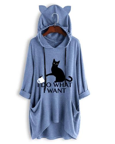 I DO WHAT I WANT Cute Cat Print Irregualr 3/4 Sleeve Plus Size Hoodie