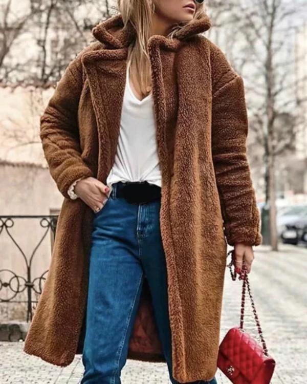 Brown Fashion Warm Fluffy Long Sleeve Teddy Bear Coats