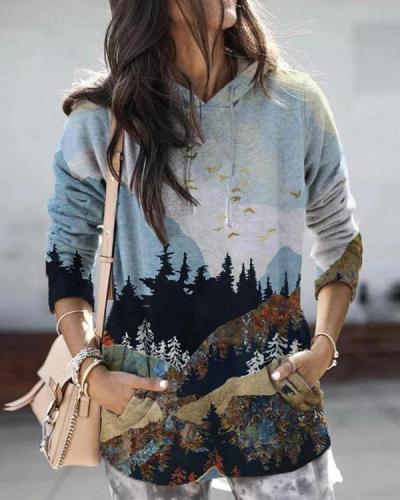 Women Landscape Print Long Sleeve Hooded Casual Hoodie