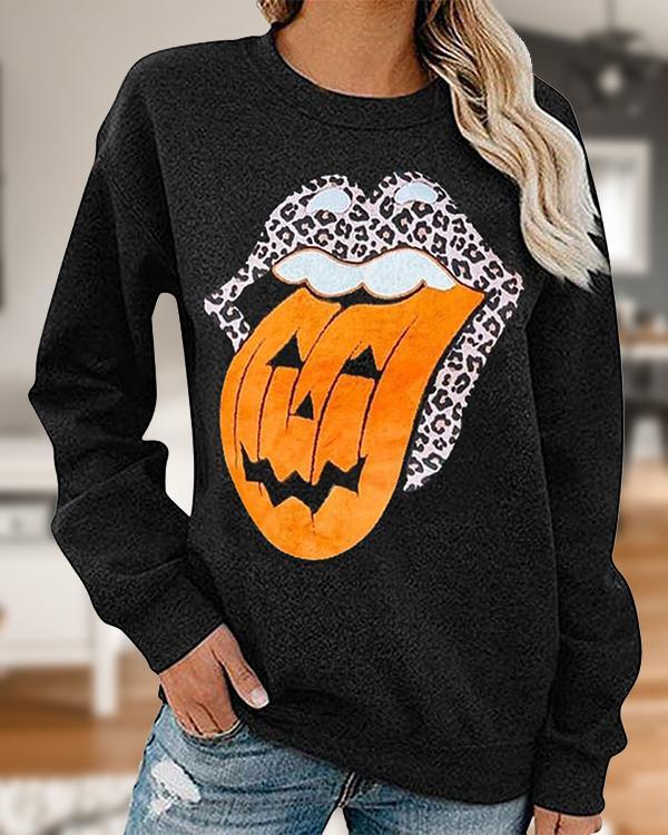 Casual Pumpkin Lip Print Cozy Sweatshirt