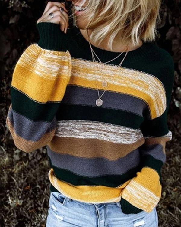 Stripes Crew Neck Sweaters Long Sleeve Womens Knit Sweaters