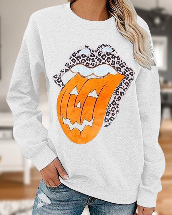 Casual Pumpkin Lip Print Cozy Sweatshirt