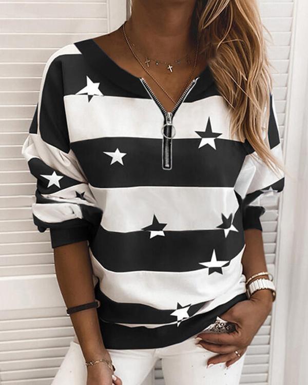 Print Striped Round Neck Long Sleeves Zipper Sweatshirt