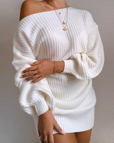 Solid One Shoulder Casual Long Sweater Dress