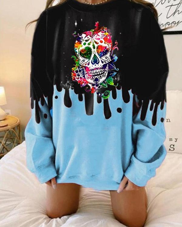 Plus Size Color Contrast Skull Print Oversize Pullover Sweatshirt