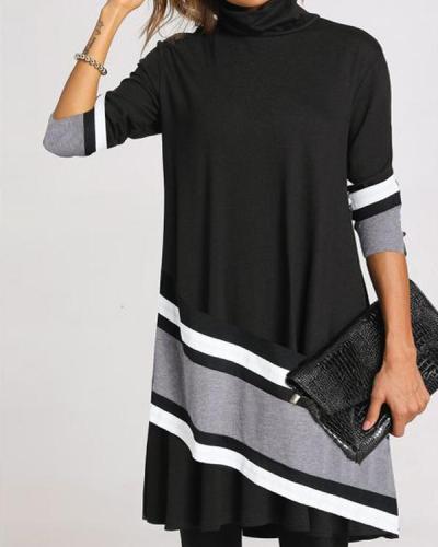 Casual Plus Size Color Block/Floral Tunic High Neckline Shift Dress