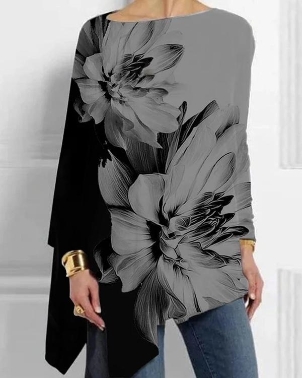 Crew Neck Floral Cotton-Blend Casual Shirts & Tops
