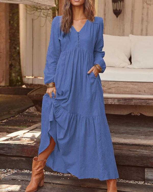 Women Solid Color V-neck Long Sleeve Causal Maxi Dress