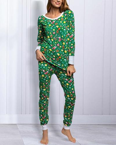 Casual Christmas Print Loungewear Shirt&Pants Set
