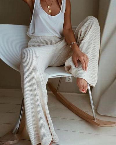Solid Ribbed Casual Wide Leg Pants