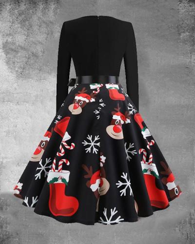 Christmas Santa Claus Print O-Neck Long Sleeved Midi Dress with Waistband