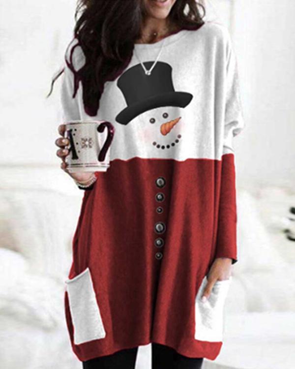 Christmas Color Stitching Print Bat Sleeve Pockets Casual Blouses Tops