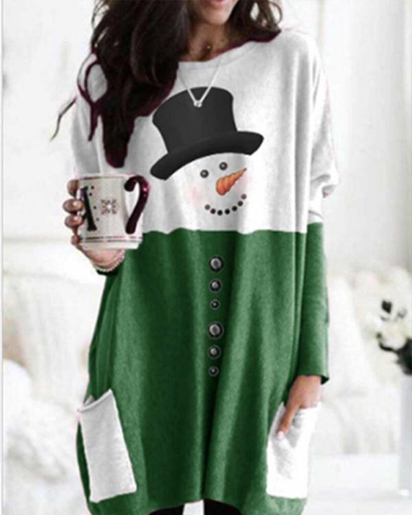 Christmas Color Stitching Print Bat Sleeve Pockets Casual Blouses Tops