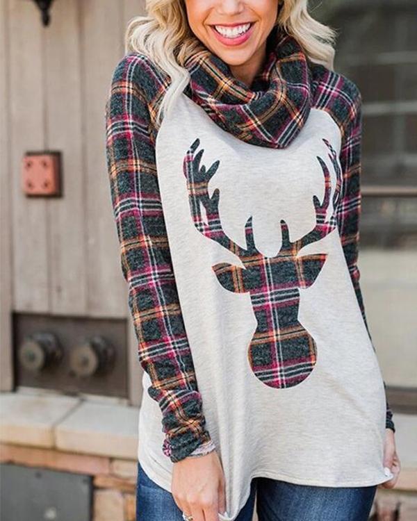 Elk Print Heap Neck Long Sleeves Christmas Blouses