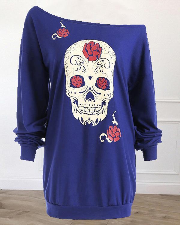 Casual Skull and Rose Print One Shoulder Long Sleeve Blouse