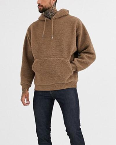 Mens Casual Solid Color Loose Hooded Sweatshirt