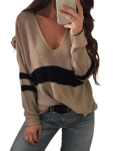 Knitted Basic Plus Size Striped V neck Casual Sweater