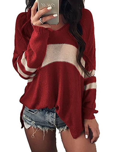 Knitted Basic Plus Size Striped V neck Casual Sweater
