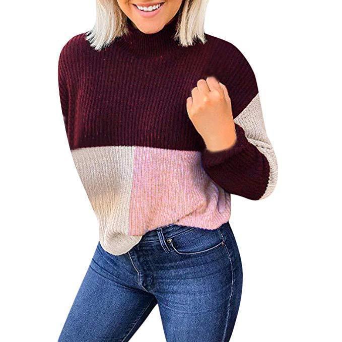 Women's Knitted Sweater Casual Colorblock Stand Long Sleeve Sweater