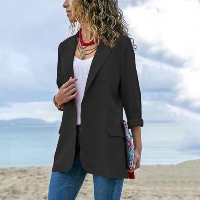 Fashion Lapel Long Sleeve Pocket Blazer Coat