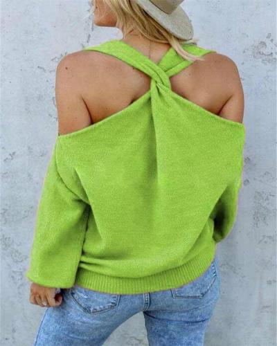 Printed Off Shoulder V-Neck Sweater For Women